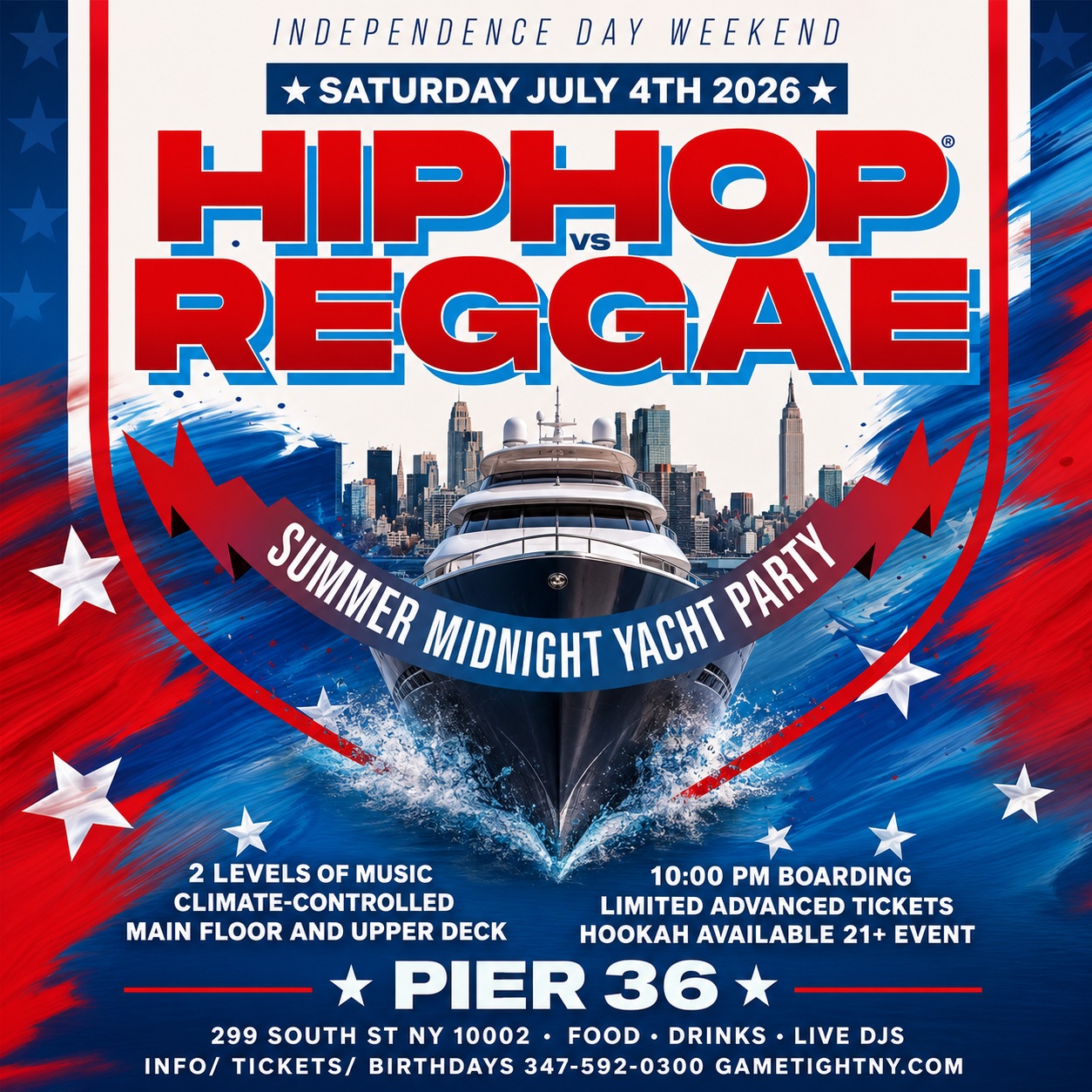 JULY 4TH HIP HOP VS REGGAE SATURDAY MIDNIGHT YACHT PARTY CRUISE PIER 36 — event image